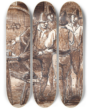Triptych art skateboard deck of Wilhelm Marstrand Vinen Prves I Klderen by Wilhelm Marstrand (1810-1873)