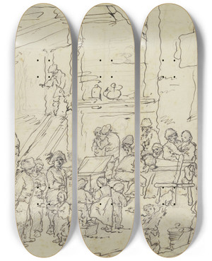 Triptych art skateboard deck of Johann Georg Trautmann Bauernunterhaltung In Einer Schenke Mit Einem Guckkastenmann by Johann Georg Trautmann (1713-1769)