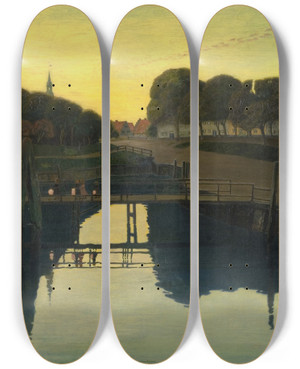 Triptych art skateboard deck of Johan Rohde Summer Night At Tnning by Johan Rohde (1856-1935)
