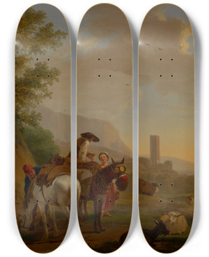 Triptych art skateboard deck of Balthasar Paul Ommeganck Southern Landscape With Shepherds by Balthasar Paul Ommeganck (1755-1826)