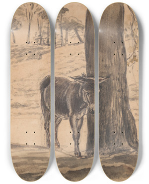 Triptych art skateboard deck of John Linnell Donkey Beside A Tree Hampstead by John Linnell (1792-1882)