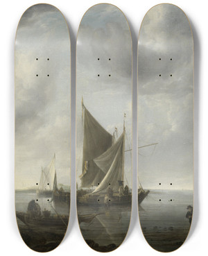 Triptych art skateboard deck of Jan Van De Cappelle Ships At Anchor On A Quiet Sea by Jan van de Cappelle (1626-1679)