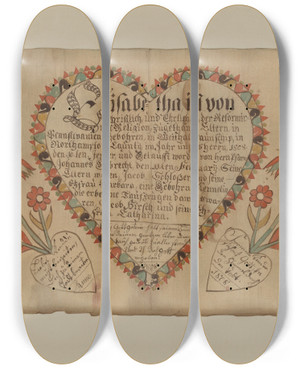 Triptych art skateboard deck of Charlotte Angus Pa German Birth Certificate by Charlotte Angus (1911-1989)
