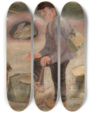 Triptych art skateboard deck of Tadeusz Makowski Conversation With A Hunter by Tadeusz Makowski (1882-1932)