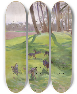 Triptych art skateboard deck of John Singer Sargent Landscape With Goatherd by John Singer Sargent (1856-1925)