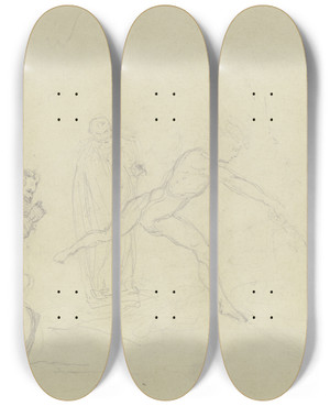 Triptych art skateboard deck of Victor Mller Laufender Mann Links Ein Mann In Einem Boot Stehend Im Hintergrund Stehend Ein Dritter Mann by Victor Muller (1829-1871)