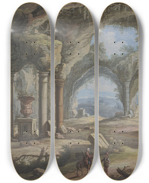 Triptych art skateboard deck of Carl Sebastian Von Bemmel Inneres Einer Sulengesttzten Grotte Darin Eine Groe Vase by Carl Sebastian Von Bemmel