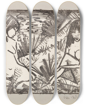 Triptych art skateboard deck of Otto Mueller Zwei In Dnen Sitzende Mdchen by Otto Mueller (1874-1930)