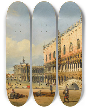 Triptych art skateboard deck of Carlo Grubacs Venetian View Ii by Carlo Grubacs (1812-1870)