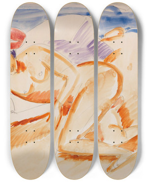 Triptych art skateboard deck of Ernst Ludwig Kirchner Akt Mit Rotem Hut by Ernst Ludwig Kirchner (1880-1938)
