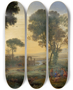 Triptych art skateboard deck of Claude Lorrain Landscape With The Flight Into Egypt by Claude Lorrain (1604-1682)