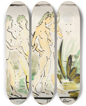 Triptych art skateboard deck of Otto Mueller Badende An Den Moritzburger Seen by Otto Mueller (1874-1930)
