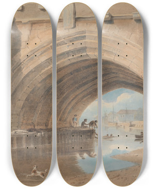Triptych art skateboard deck of John Varley Under The Ouse Bridge Bathing by John Varley (1778-1842)