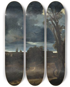 Triptych art skateboard deck of Guercino Moonlight Landscape by Guercino (1591-1666)