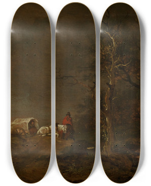 Triptych art skateboard deck of Ferdinand Kobell Gewitterlandschaft Mit Bauernwagen by Ferdinand Kobell (1740-1799)
