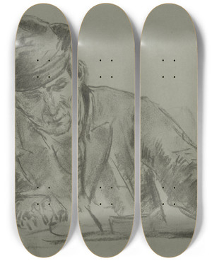 Triptych art skateboard deck of Anton Burger Halbfigur Eines Bauern Von Vorne Am Tisch by Anton Burger (1824-1905)