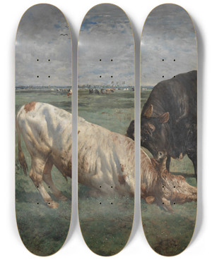 Triptych art skateboard deck of Alfred Verwee Fight Between Two Young Bulls by Alfred Verwee (1838-1895)