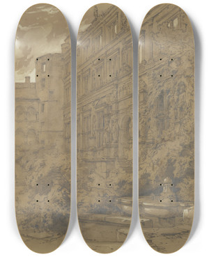 Triptych art skateboard deck of Albert Emil Kirchner Heidelberg Castle by Albert Emil Kirchner (1813-1885)