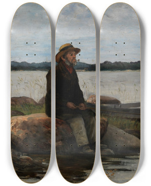 Triptych art skateboard deck of Adolf Von Becker An Angler by Adolf Von Becker (1831-1909)