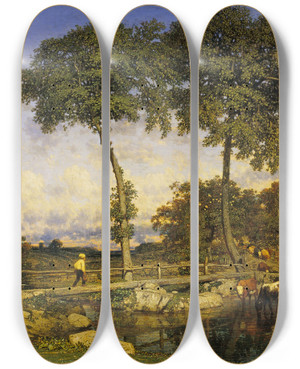 Triptych art skateboard deck of Jules Dupr Crossing The Bridge by Jules Dupre (1811-1889)