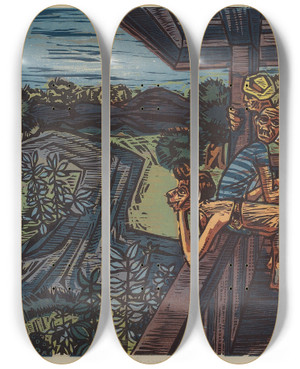 Triptych art skateboard deck of Benjamin Abramowitz The Campers by Benjamin Abramowitz (1917-2011)