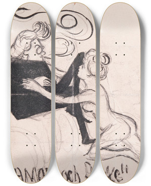 Triptych art skateboard deck of Ivar Arosenius Eros And Psyche by Ivar Arosenius (1878-1909)