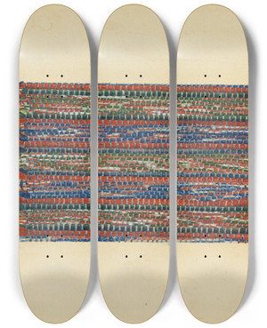 Triptych art skateboard deck of Lucille Chabot Shaker Rug Strip by Lucille Chabot