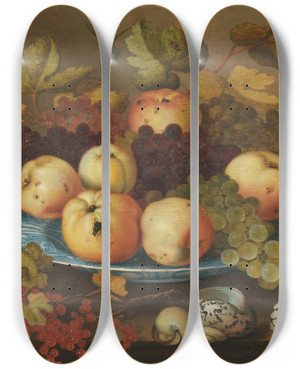 Triptych art skateboard deck of Balthasar Van Der Ast Fruit In A Wanli Porcelain Dish On A Table by Balthasar Van Der Ast (1593-1657)