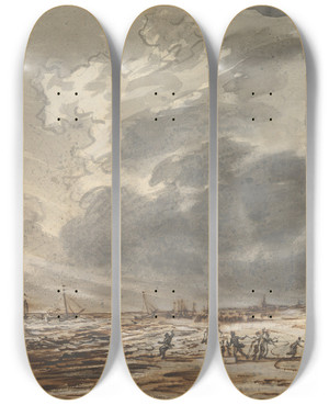 Triptych art skateboard deck of Simon Andreas Krausz The Beach At Scheveningen by Simon Andreas Krausz (1760-1825)