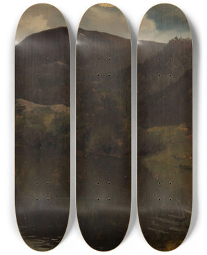 Triptych art skateboard deck of Adolph Tidemand A Lake by Adolph Tidemand (1814-1876)