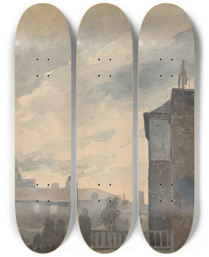 Triptych art skateboard deck of Thomas Sully City Scene With Buildings by Thomas Sully (1783-1872)