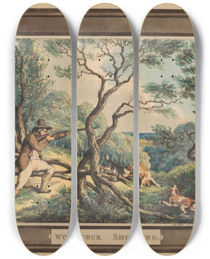 Triptych art skateboard deck of Samuel Howitt Woodcock Shooting_2 by Samuel Howitt (1756-1822)