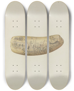 Triptych art skateboard deck of Oscar Bluhme Scrimshaw by Oscar Bluhme