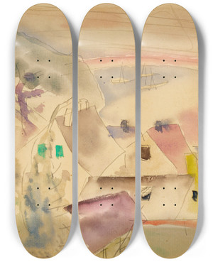 Triptych art skateboard deck of Charles Demuth Housetops Seashore by Charles Demuth (1883-1935)