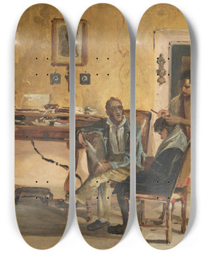 Triptych art skateboard deck of Johann Baptist Kirner At The Barbers by Johann Baptist Kirner (1806-1866)
