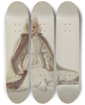 Triptych art skateboard deck of Stella Mosher Doll by Stella Mosher