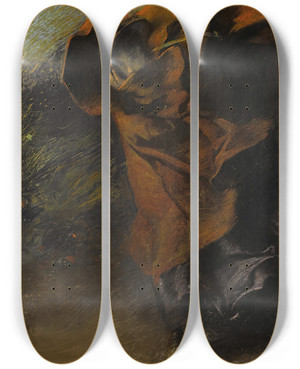 Triptych art skateboard deck of Edwin Austin Abbey The Wind by Edwin Austin Abbey (1852-1911)