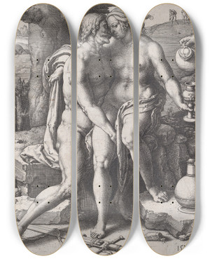Triptych art skateboard deck of Lucas Van Leyden Lot And His Daughters_2 by Lucas Van Leyden (1494-1533)