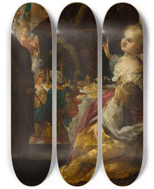Triptych art skateboard deck of Bartholomaus Strobel Daniel And King Cyrus Before Bel Daniel 1412 by Bartholomaus Strobel