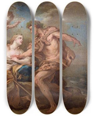 Triptych art skateboard deck of Charlesandr Van Loo Bacchus And Ariadne by Charles-Andr van Loo (1705-1765)