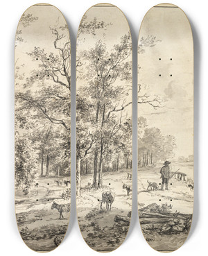 Triptych art skateboard deck of Bruno Van Straaten Goatherd And Goats by Bruno Van Straaten (1786-1870)