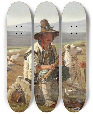 Triptych art skateboard deck of Martinus Rrbye To Italienske Hyrdedrenge Siddende Ved Ilden by Martinus Rorbye (1803-1848)