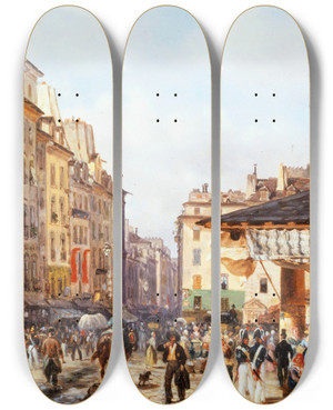 Triptych art skateboard deck of Giuseppe Canella Les Halles by Giuseppe Canella (1788-1847)