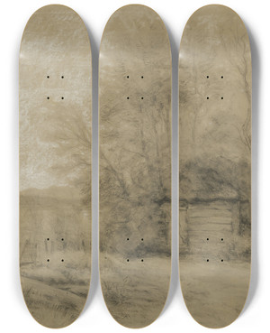 Triptych art skateboard deck of Peter Burnitz Hut In The Swamp by Peter Burnitz (1824-1886)