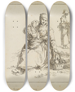 Triptych art skateboard deck of Franois Boucher Figure Studies_5 by Francois Boucher (1703-1770)