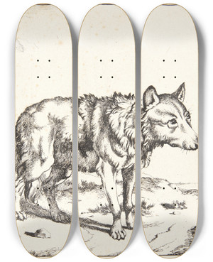Triptych art skateboard deck of Marcus De Bye Stende Ulv Vendt Mod Hjre by Marcus de Bye (1638-1688)