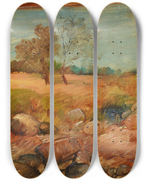 Triptych art skateboard deck of Wilhelm Busch Blick Aus Einer Scheune by Wilhelm Busch (1832-1908)