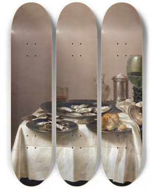 Triptych art skateboard deck of Willem Claesz Heda Still Life With A Gilt Cup by Willem Claesz Heda (1594-1680)