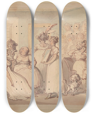 Triptych art skateboard deck of Thomas Rowlandson A Wig Shop by Thomas Rowlandson (1756-1827)