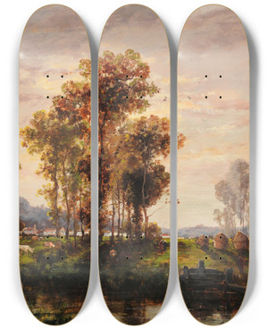 Triptych art skateboard deck of Auguste Rigon Paysage by Auguste Rigon (1855-1884)